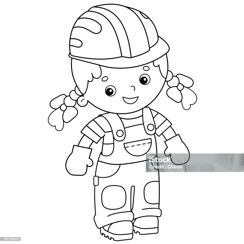 Coloring page outline of builder girl in hardhat profession coloring book for kids stock illustration