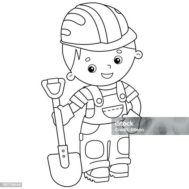 Coloring page outline of builder girl in hardhat profession coloring book for kids stock illustration