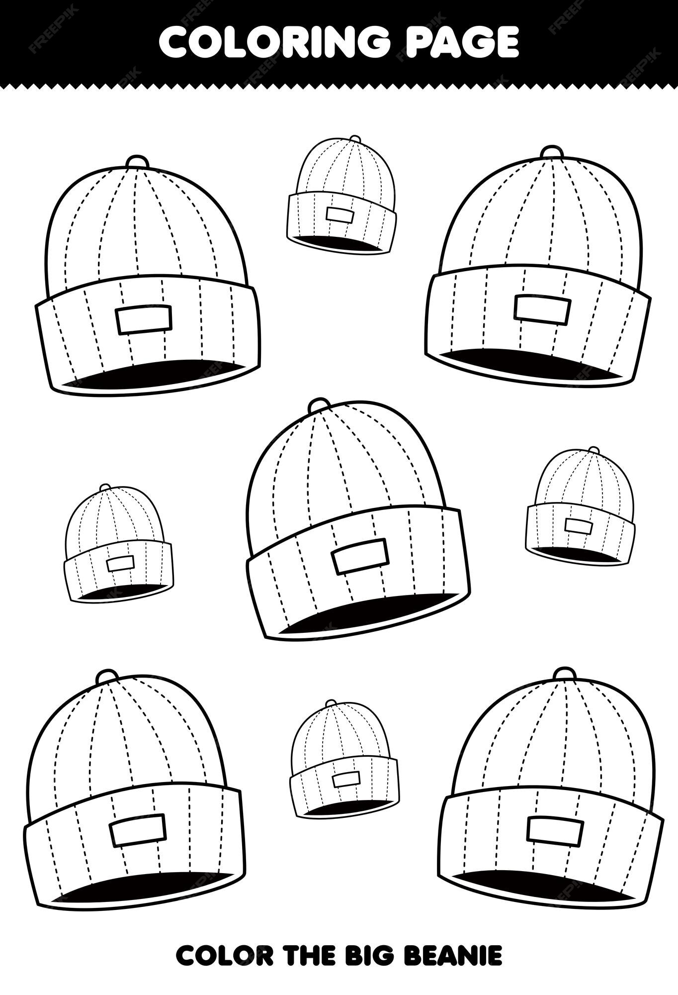 Premium vector education game for children coloring page big or small picture of wearable clothes beanie hat line art printable worksheet