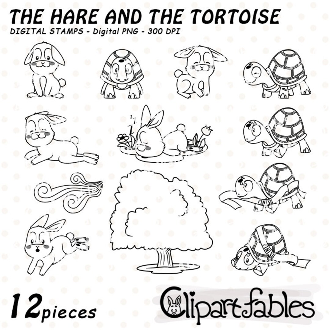 Hare and tortoise digital stamps for kids line art la fontaines fable cute bedtime story coloring moral tale outline instant download