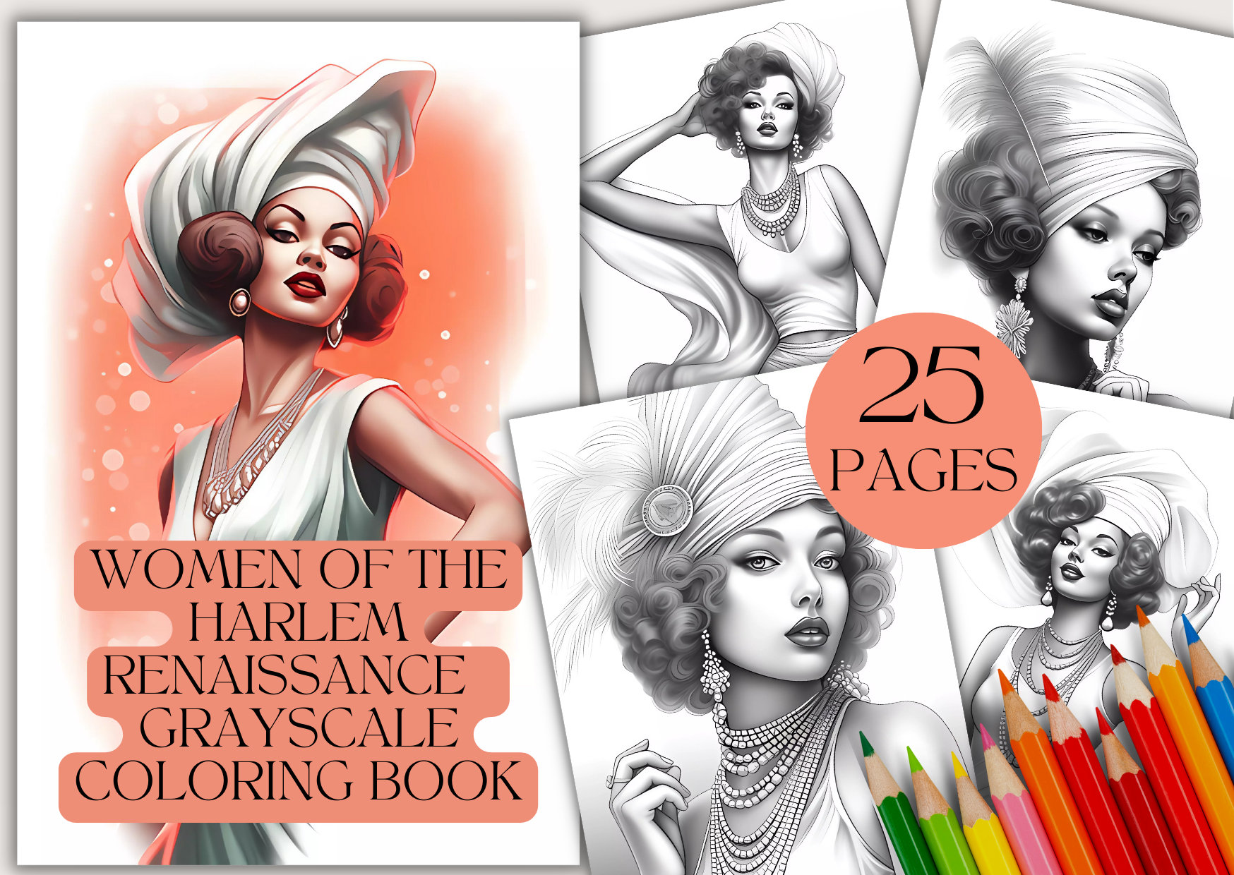 Women of the harlem renaissance grayscale coloring book for her colouring pages for adults instant download printable pdf file