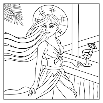 Premium vector coloring page with girl on beach pretty younglong haired woman in swimsuit and straw hat on head outline vacation illustration