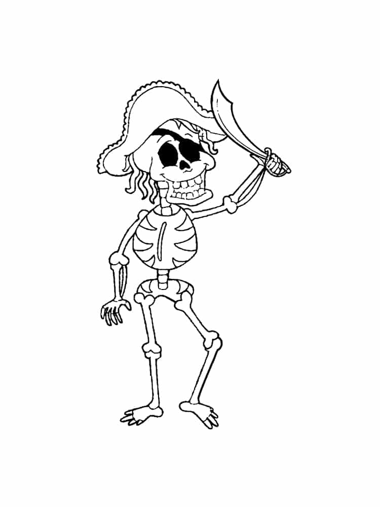 Drawing of a skeleton with a pirate hat coloring page