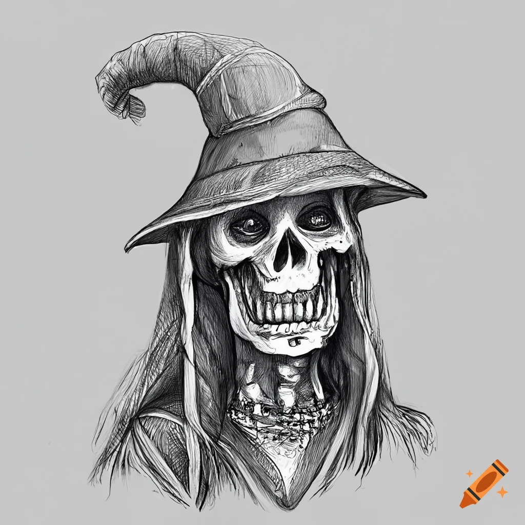 Pencil sketch of fantasy skeleton wizard with hat detailed face art for coloring book page full white background only use outline line art coloring book clean line art on