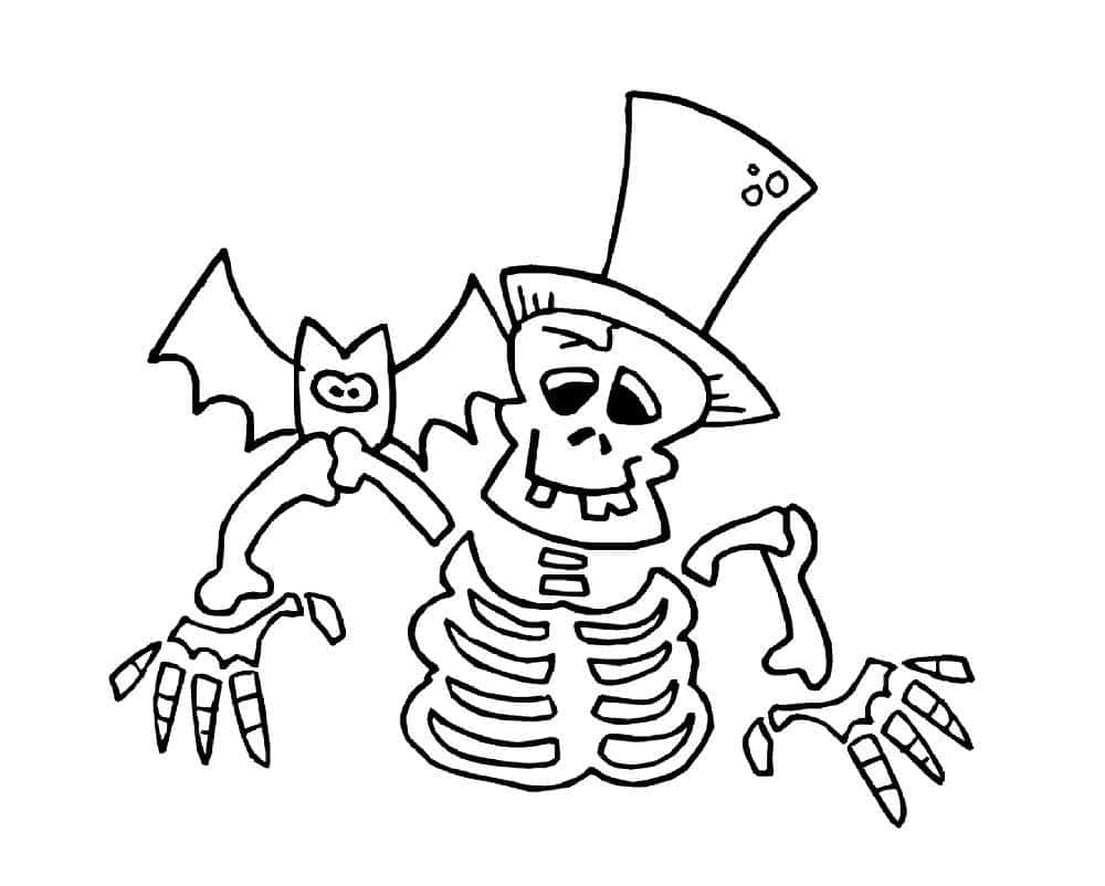 Drawing of a skeleton with a hat and a bat coloring page