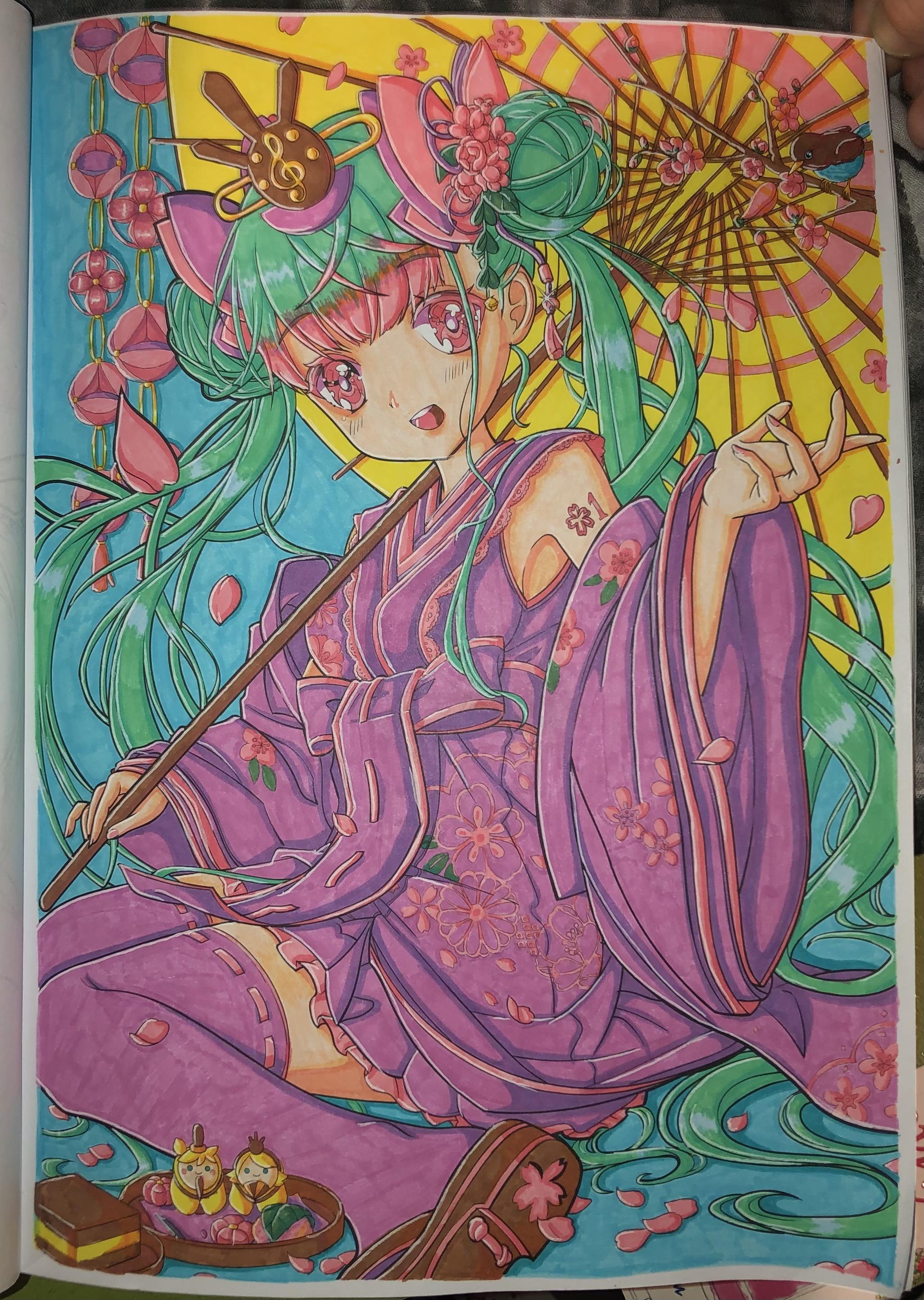 Page from my hatsune miku colouring book these ones are pretty detailed so i dont do them as often because they can be a bit stressful lol r coloring