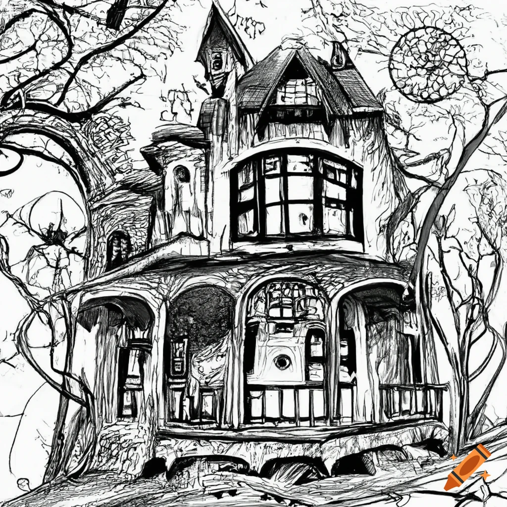 Coloring page for adults spooky haunted house line art white background think black lines on