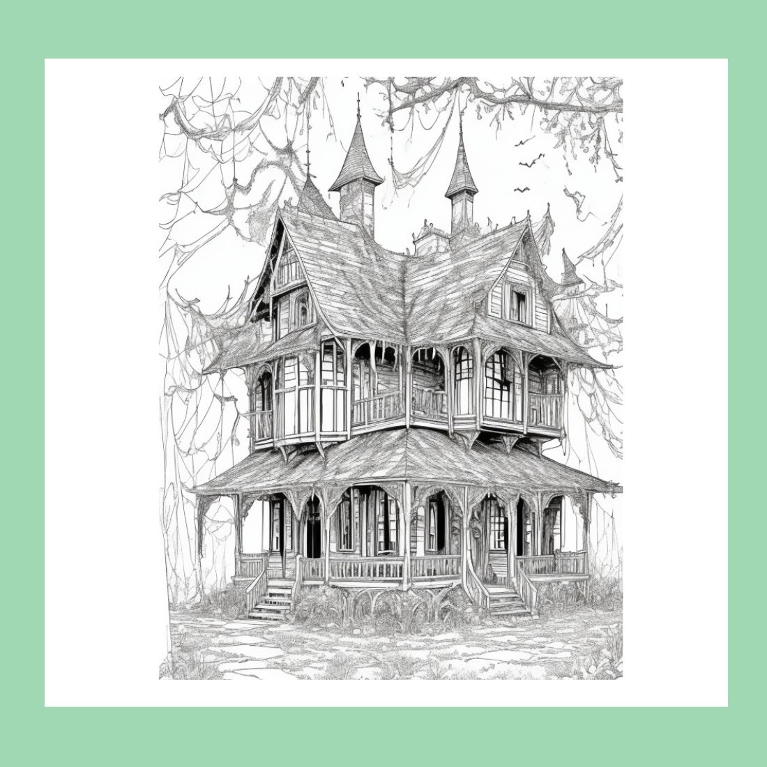 A haunted house with ghosts and cobwebs coloring page for adult