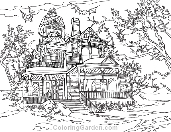 Haunted house adult coloring page