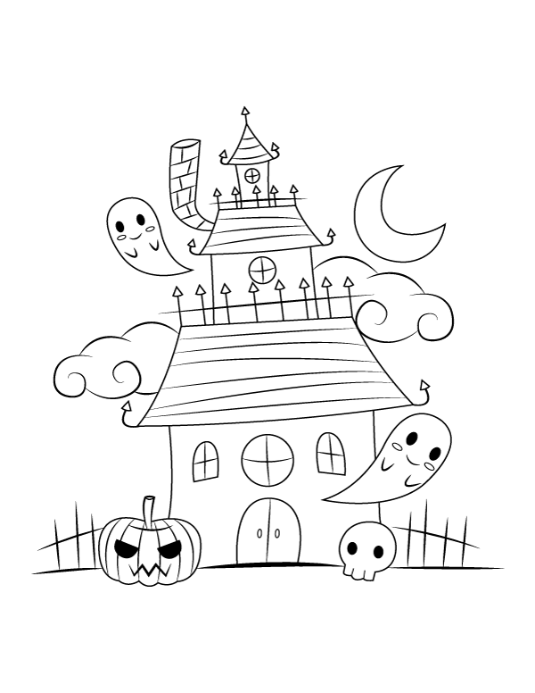 Printable whimsical haunted house coloring page