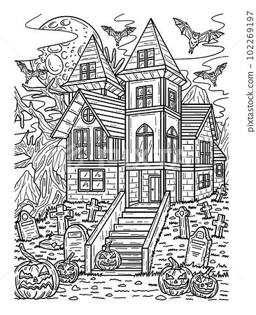 Halloween haunted house coloring page for adults