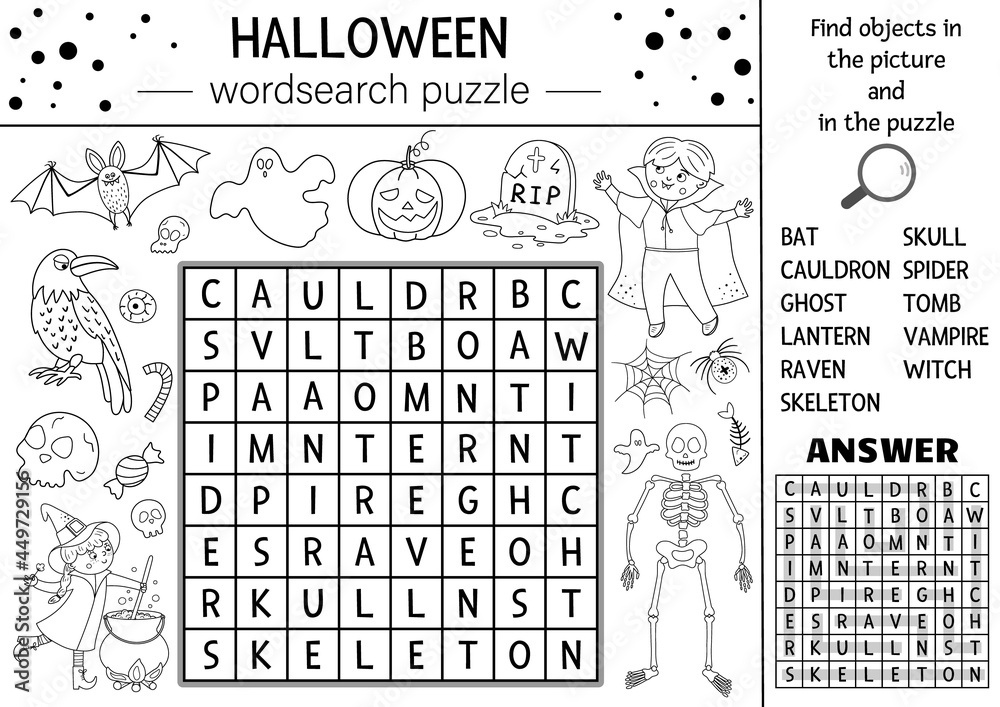 Vector halloween black and white wordsearch puzzle for kids simple crossword or coloring page with haunted house and scary things keyword activity with funny witch vampire ghost bat vector
