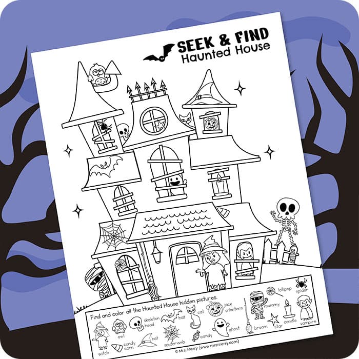 Seek and find haunted house printable puzzle mrs merry