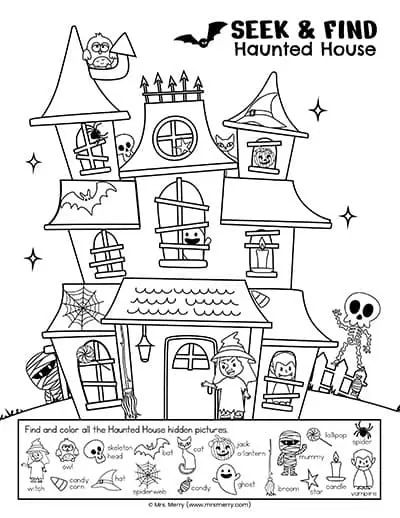 Seek and find haunted house printable puzzle mrs merry halloween preschool halloween school halloween teaching