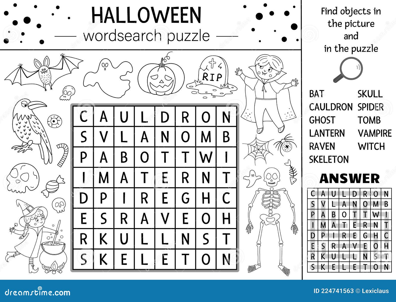 Vector halloween black and white wordsearch puzzle for kids simple crossword or coloring page with haunted house and scary things stock vector