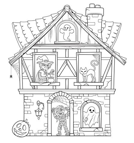 Haunted house with halloween characters coloring page free printable coloring pages