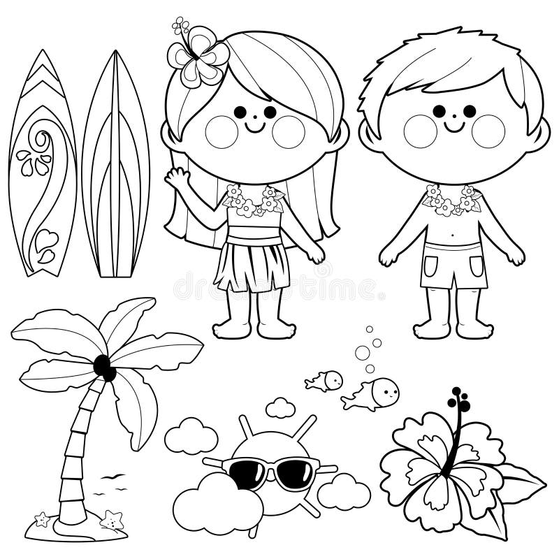 Hawaii vacation children beach summer vacation design elements vector black and white coloring page stock vector