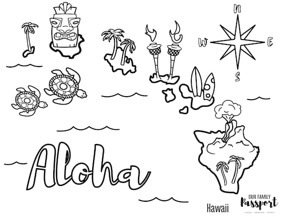 Hawaiian islands map coloring page instant download