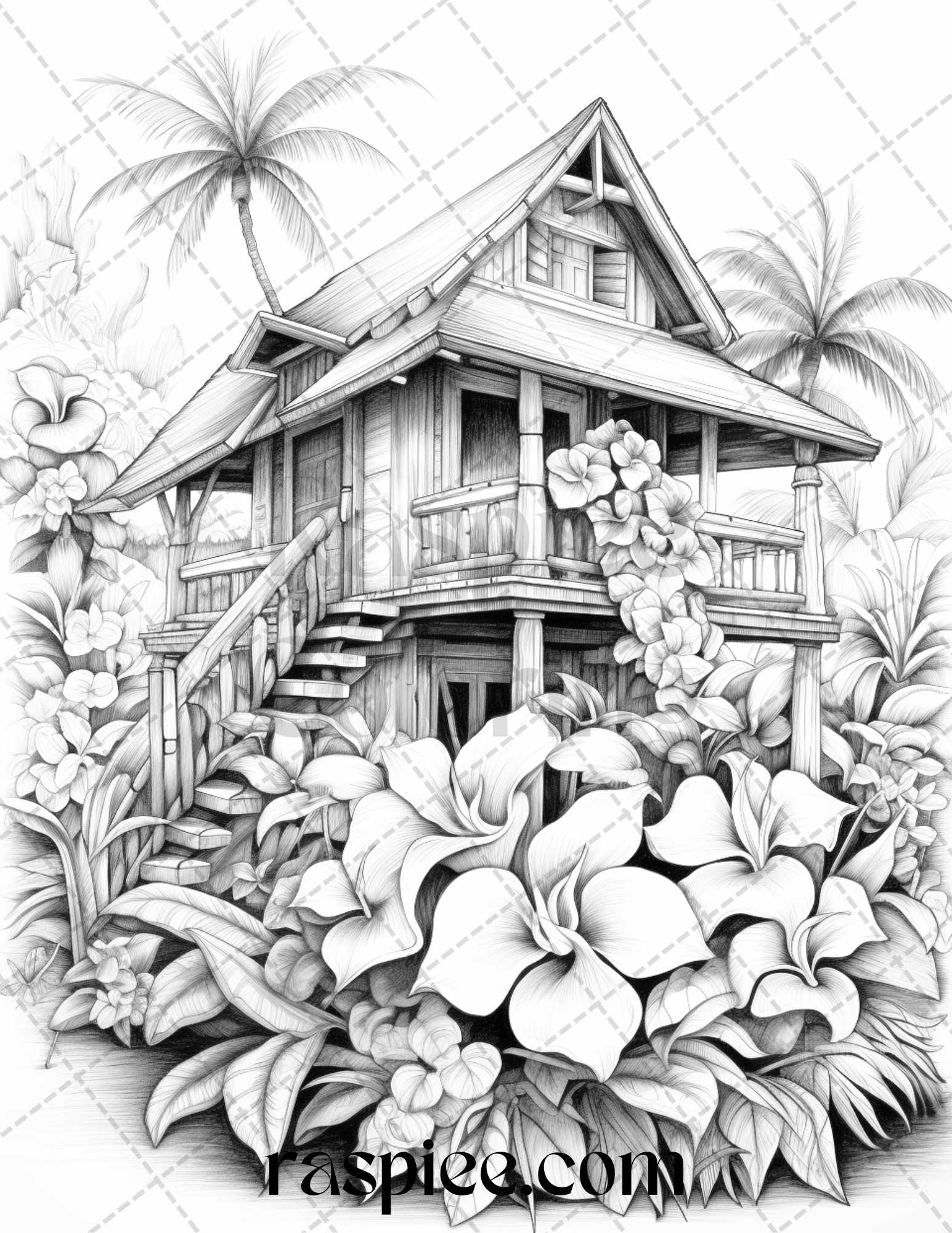 Hawaii tiki houses grayscale coloring pages printable for adults p â coloring