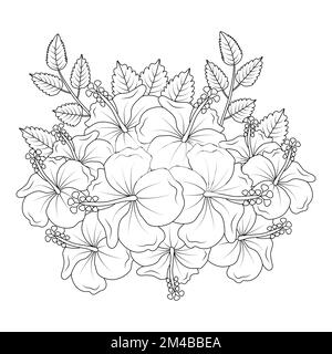 Hibiscus flowers coloring page illustration with hawaiian hibiscus leaves and outline rose of sharon stock vector image art