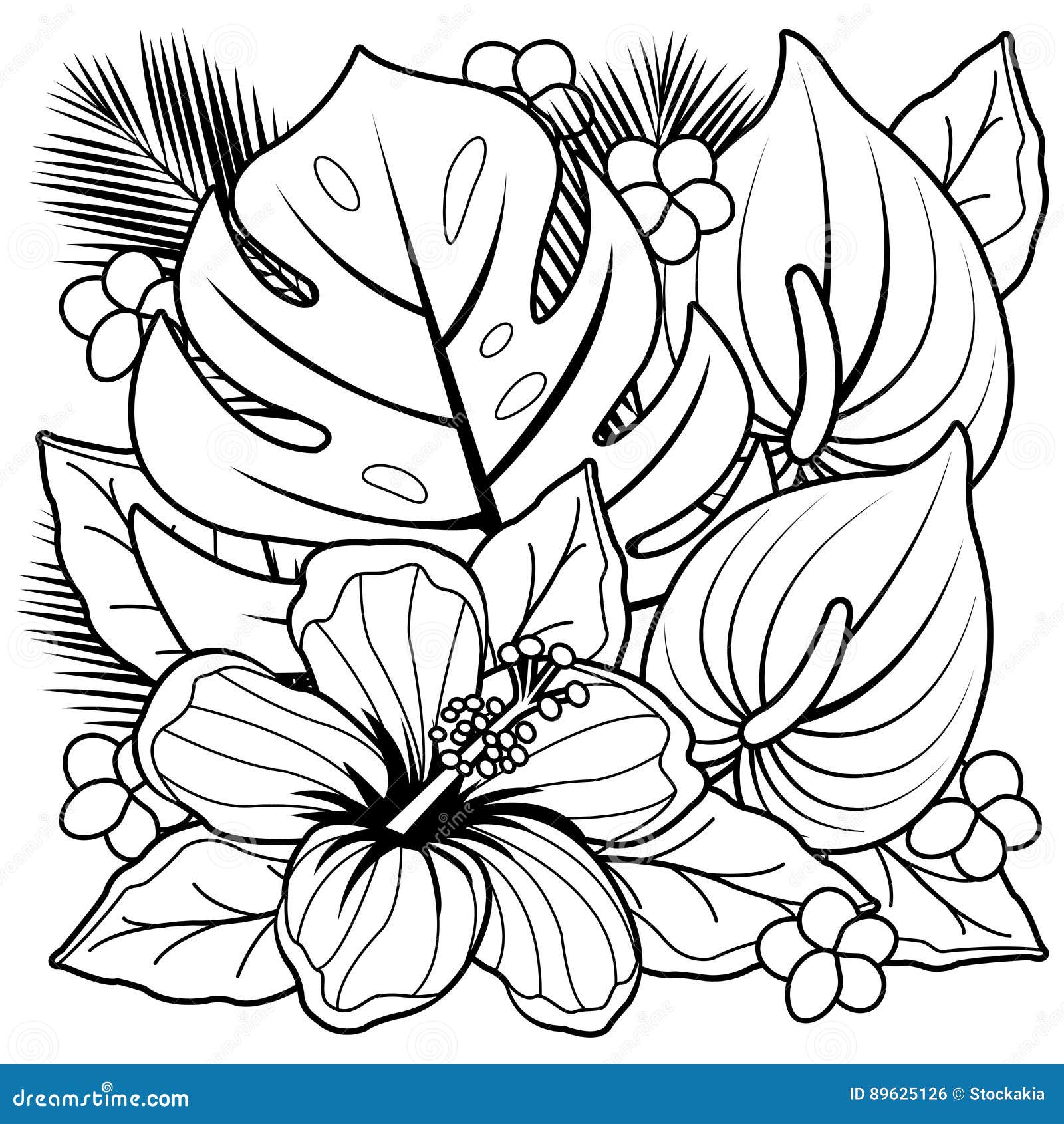 Tropical plants and hibiscus flowers vector black and white coloring page stock vector