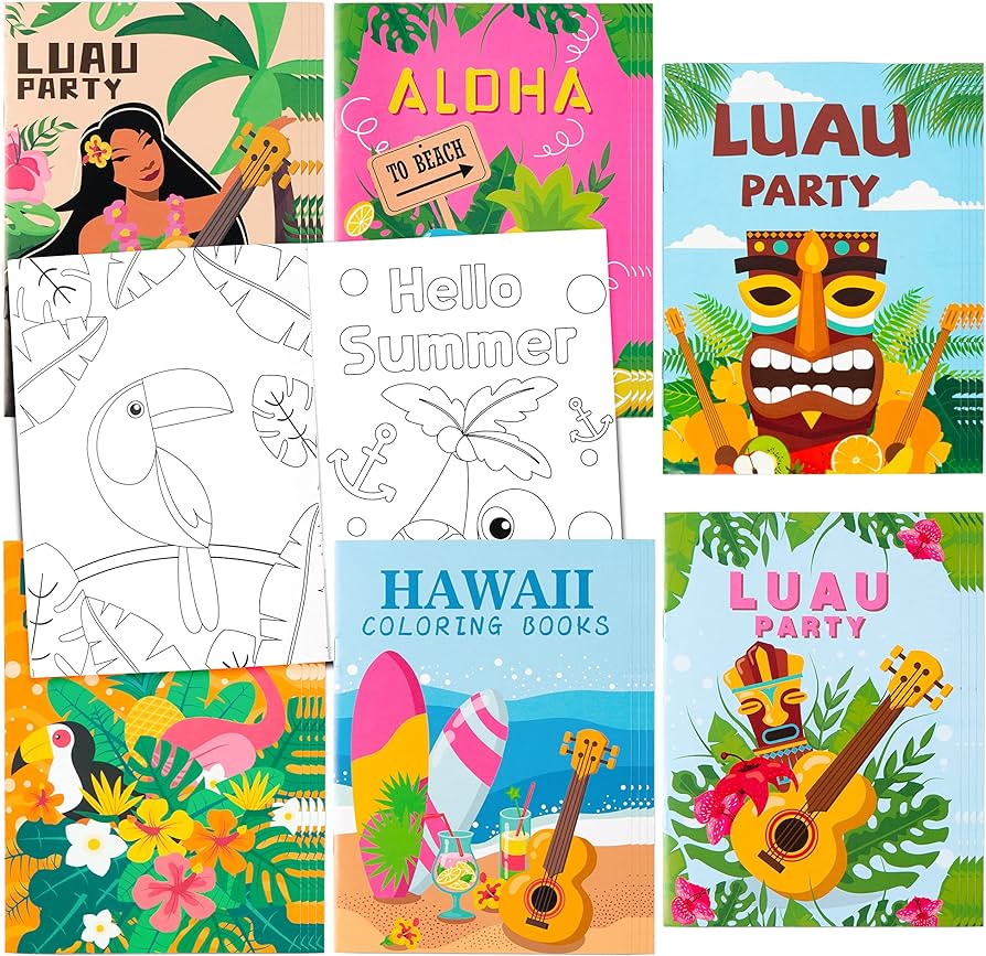 Angolio pcs summer hawaii luau coloring books for kids diy art book with flamingo hula surf party creativity color booklet for birthday gift summer carnival party favor goodie bag filler supplies