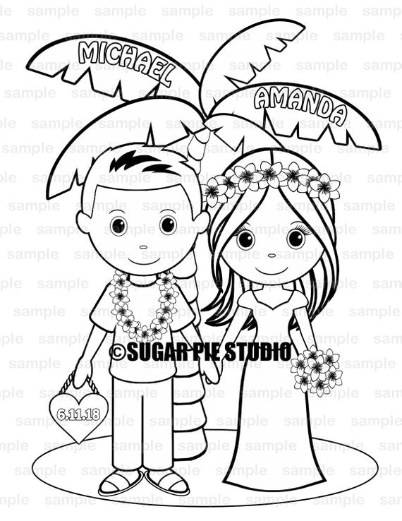 Hawaiian luau wedding coloring page activity for kids pdf or jpeg file