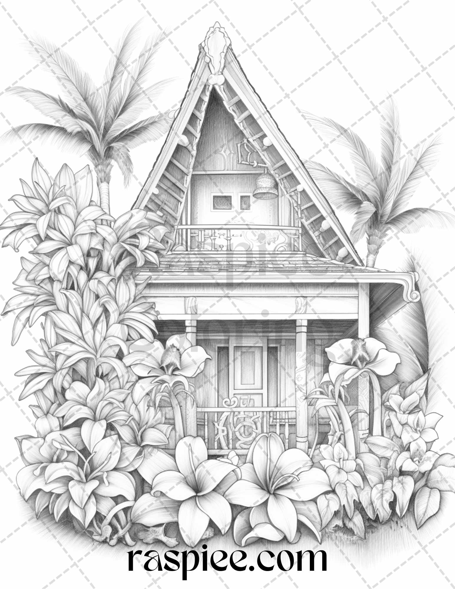 Hawaii tiki houses grayscale coloring pages printable for adults p â coloring