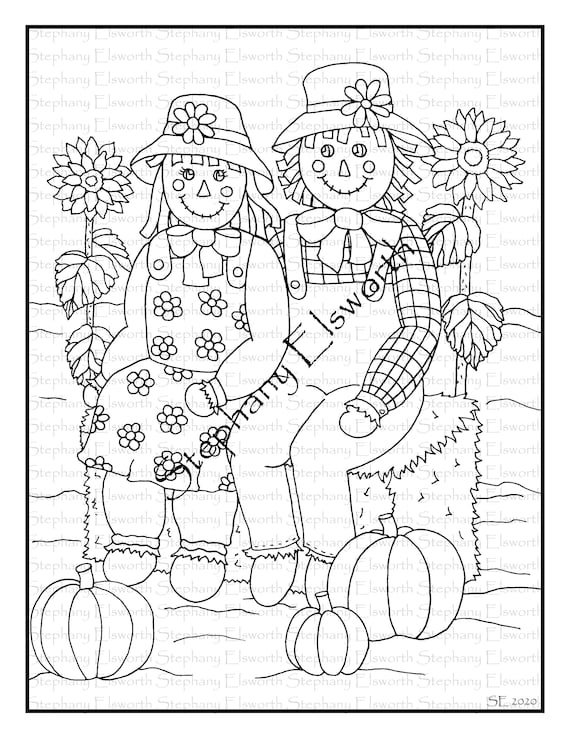 Scarecrows on hay bale x printable instant download coloring page