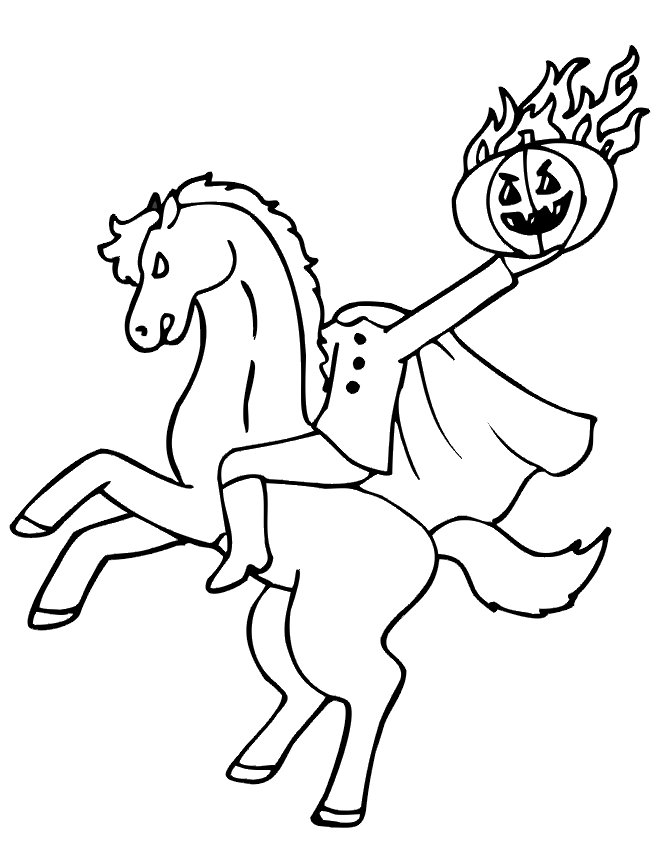 Headless horseman coloring page with fiery pumpkin