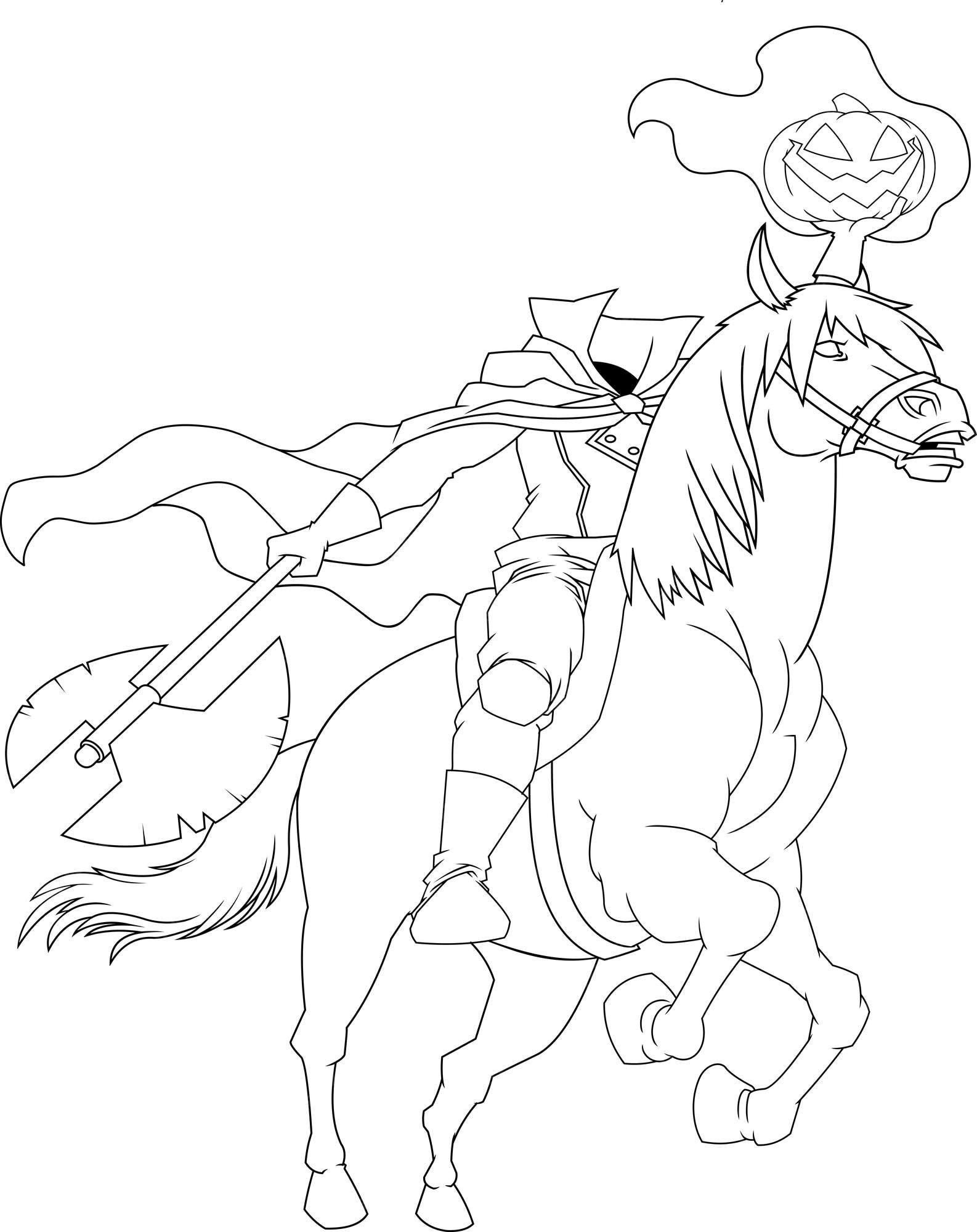 Premium vector outlined headless horseman cartoon character running axe and jacks lantern pumpkin head