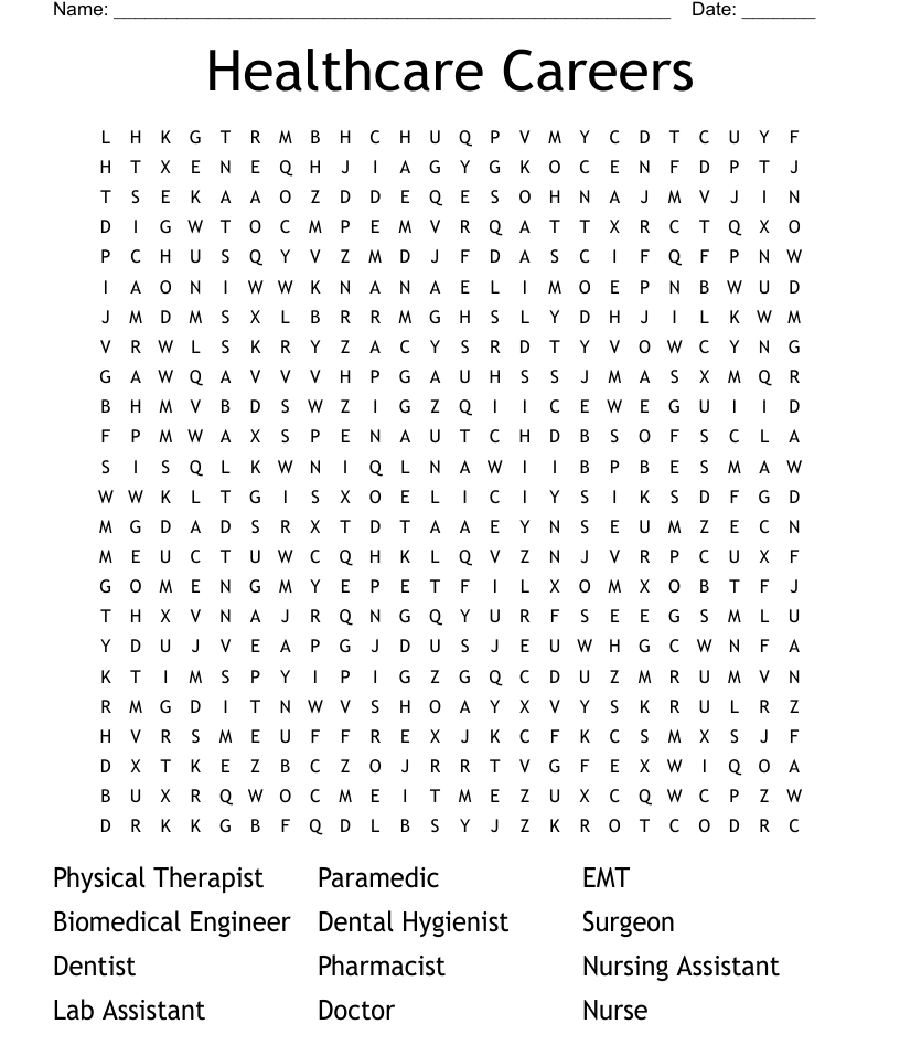 Healthcare careers word search