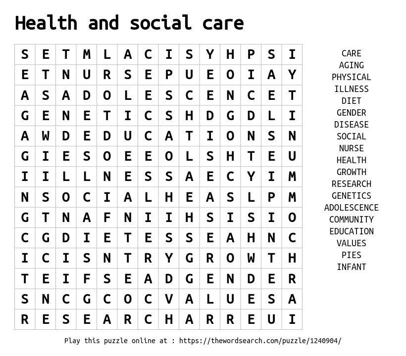 Health and social care word search