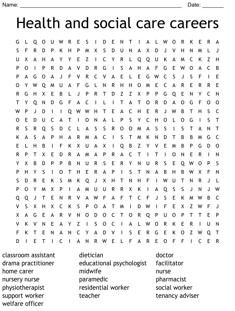 Health and social care careers word search