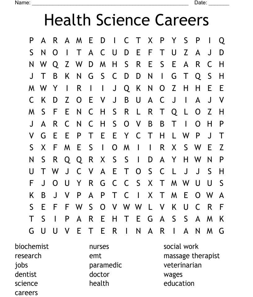 Health science careers word search