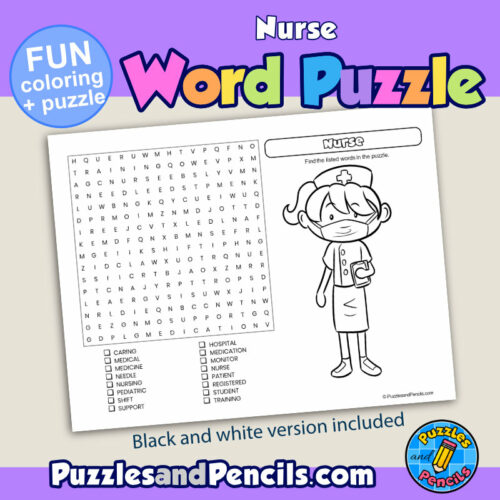 Nurse word search puzzle activity page with coloring career exploration made by teachers