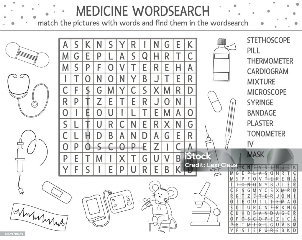Vector health care outline wordsearch puzzle with pictures medicine quiz for children educational coloring page or crossword activity with cute medical equipment and doctor stock illustration