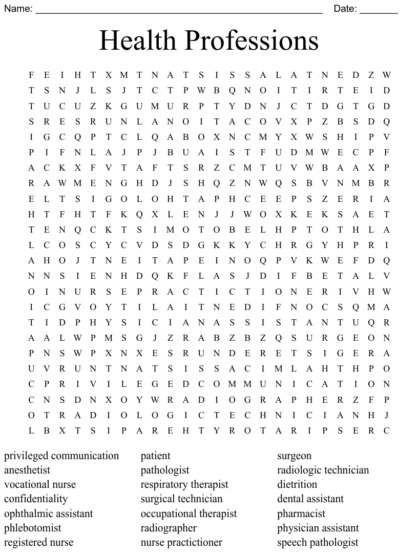 Health professions word search