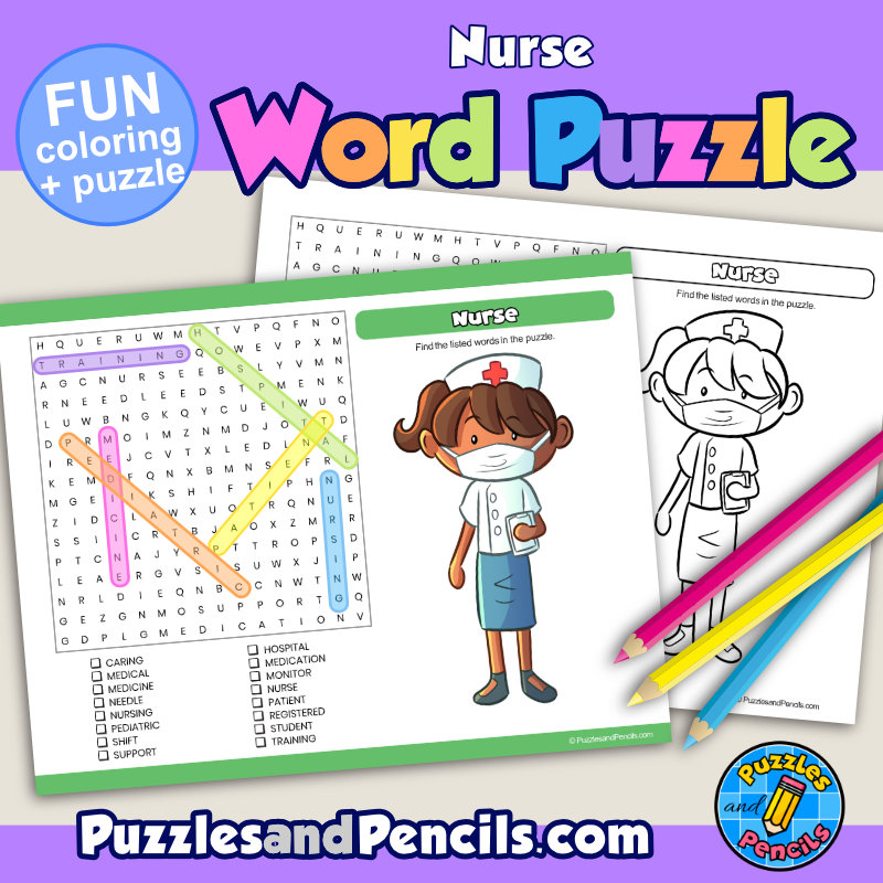 Nurse word search puzzle activity page with coloring career exploration made by teachers