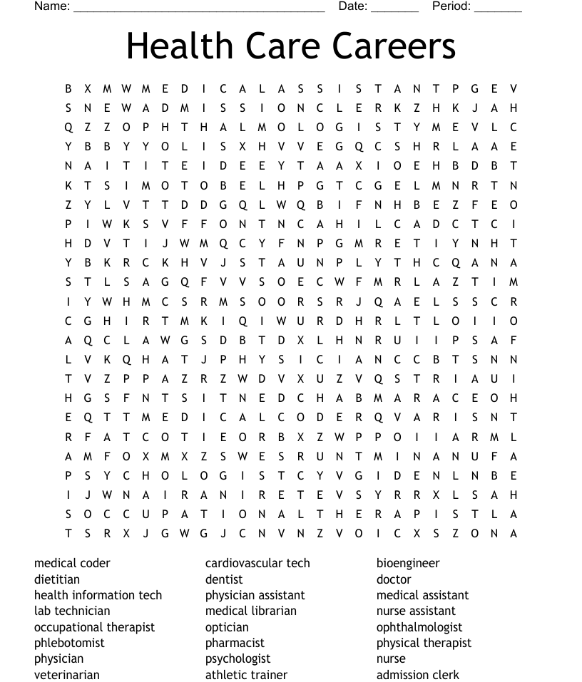 Health care careers word search