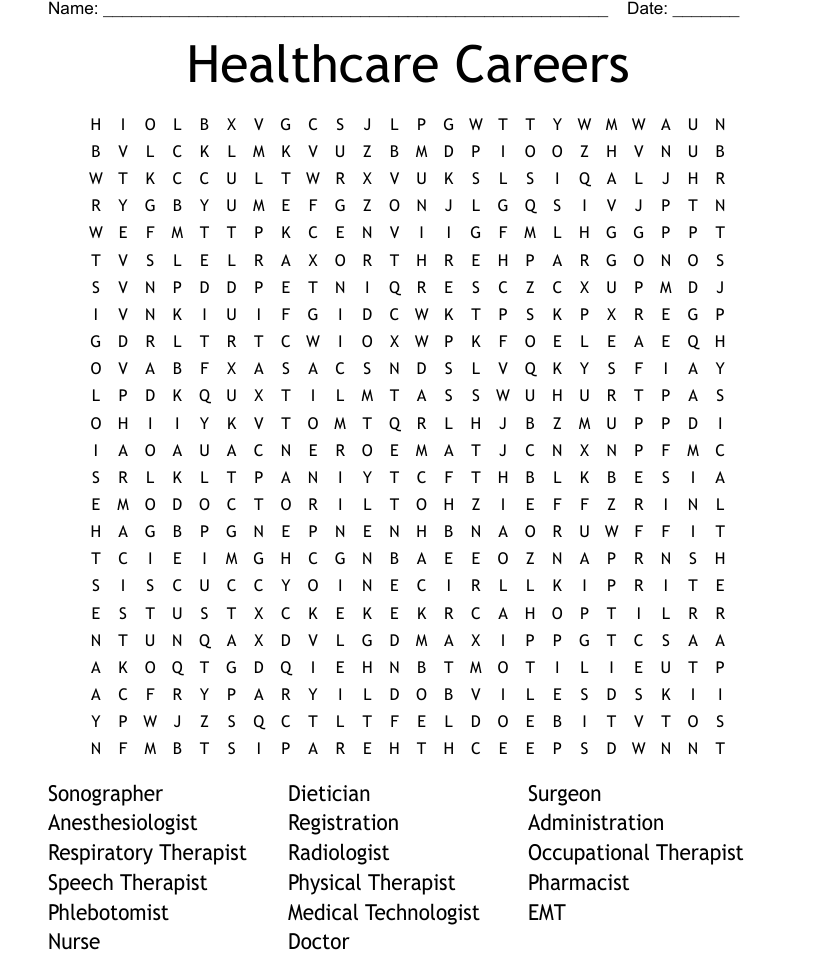 Healthcare careers word search