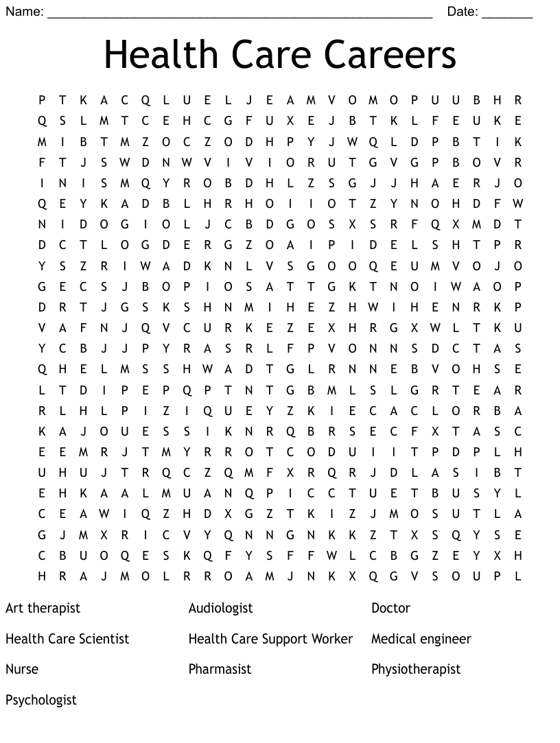 Health care careers word search