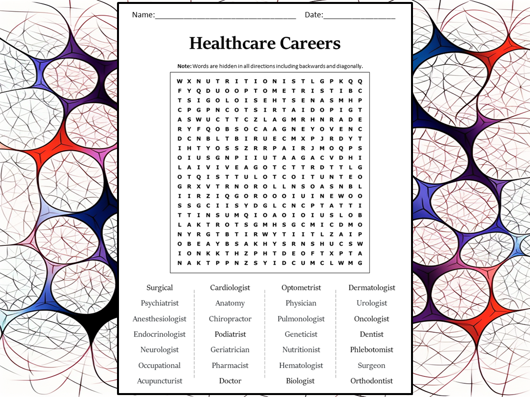 Healthcare careers word search puzzle worksheet activity teaching resources