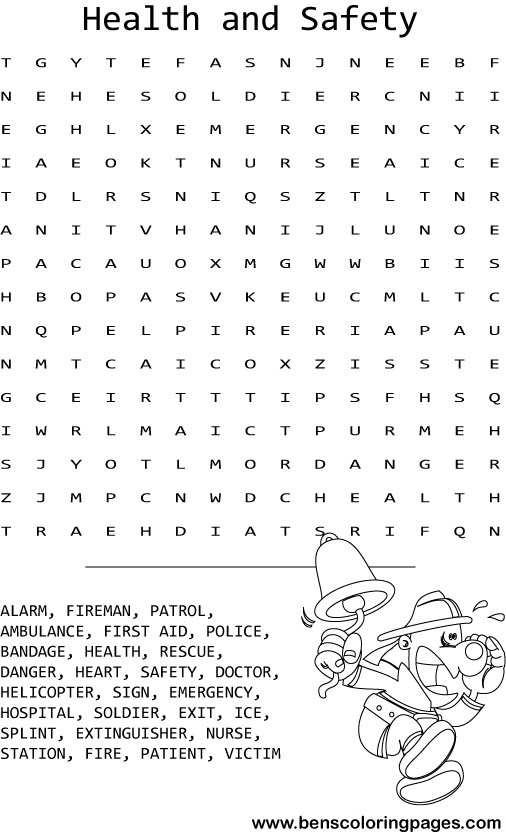 Health and safety word search coloring pages