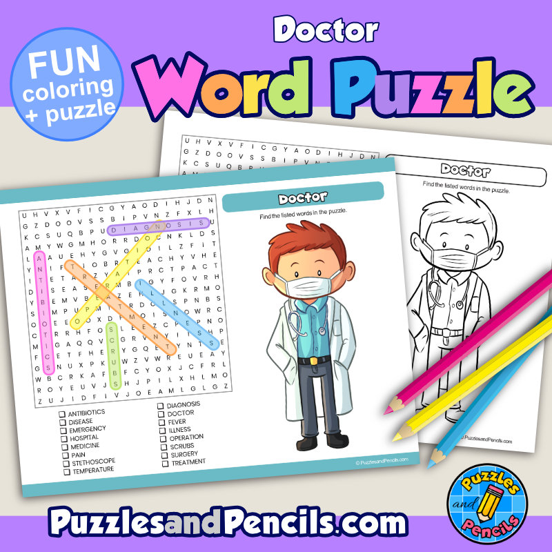 Doctor word search puzzle activity page and coloring career wordsearch made by teachers