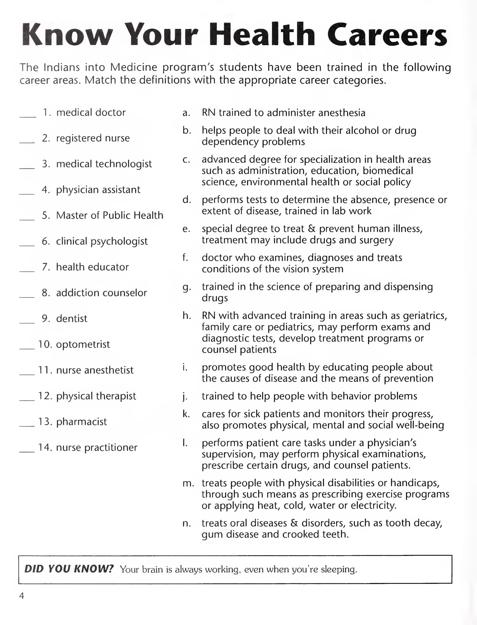 Know your health careers worksheet free printable puzzle games