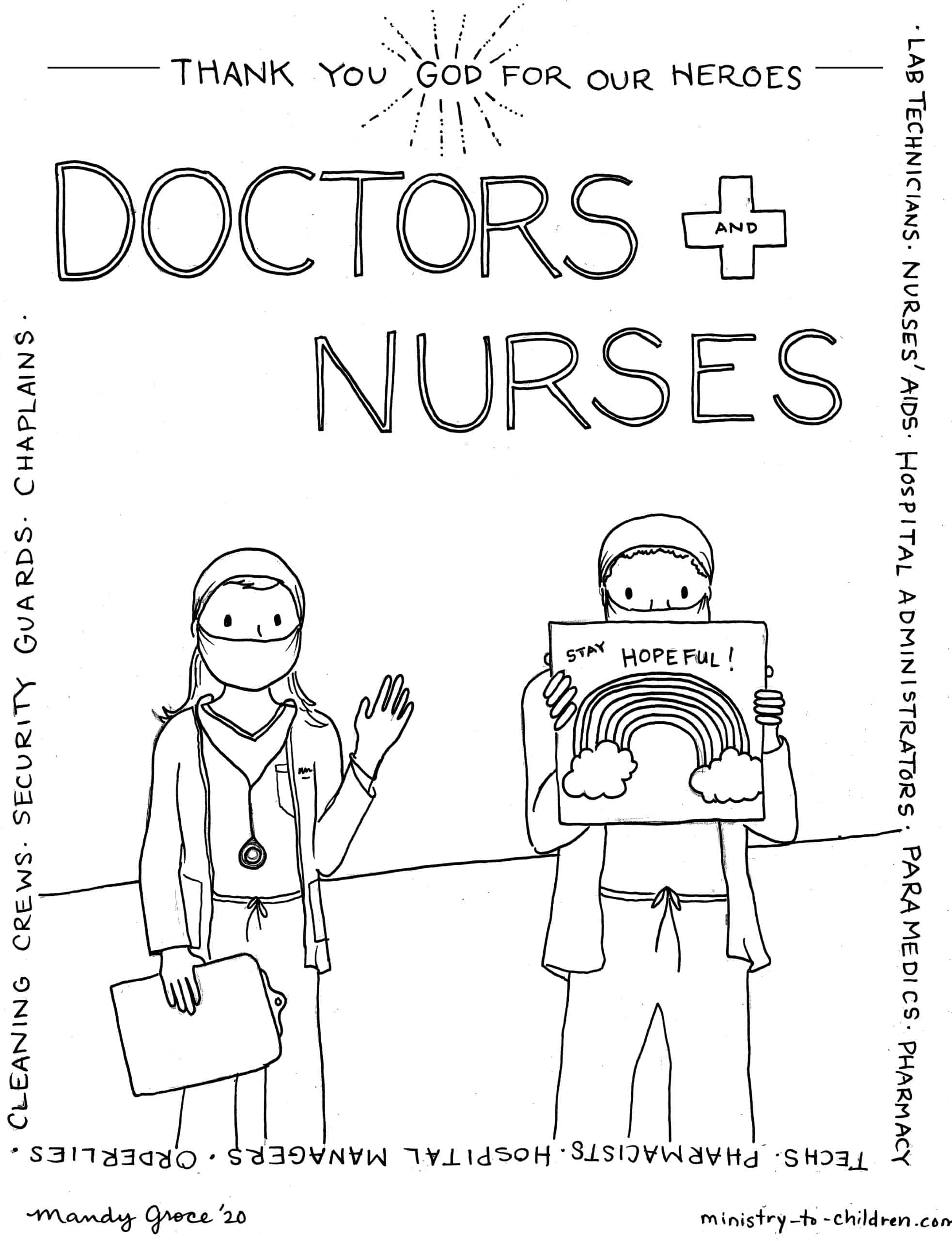 Coloring page healthcare workers are heroes doctors and nurses
