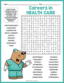 Healthcare careers word search puzzle worksheet activity by puzzles to print