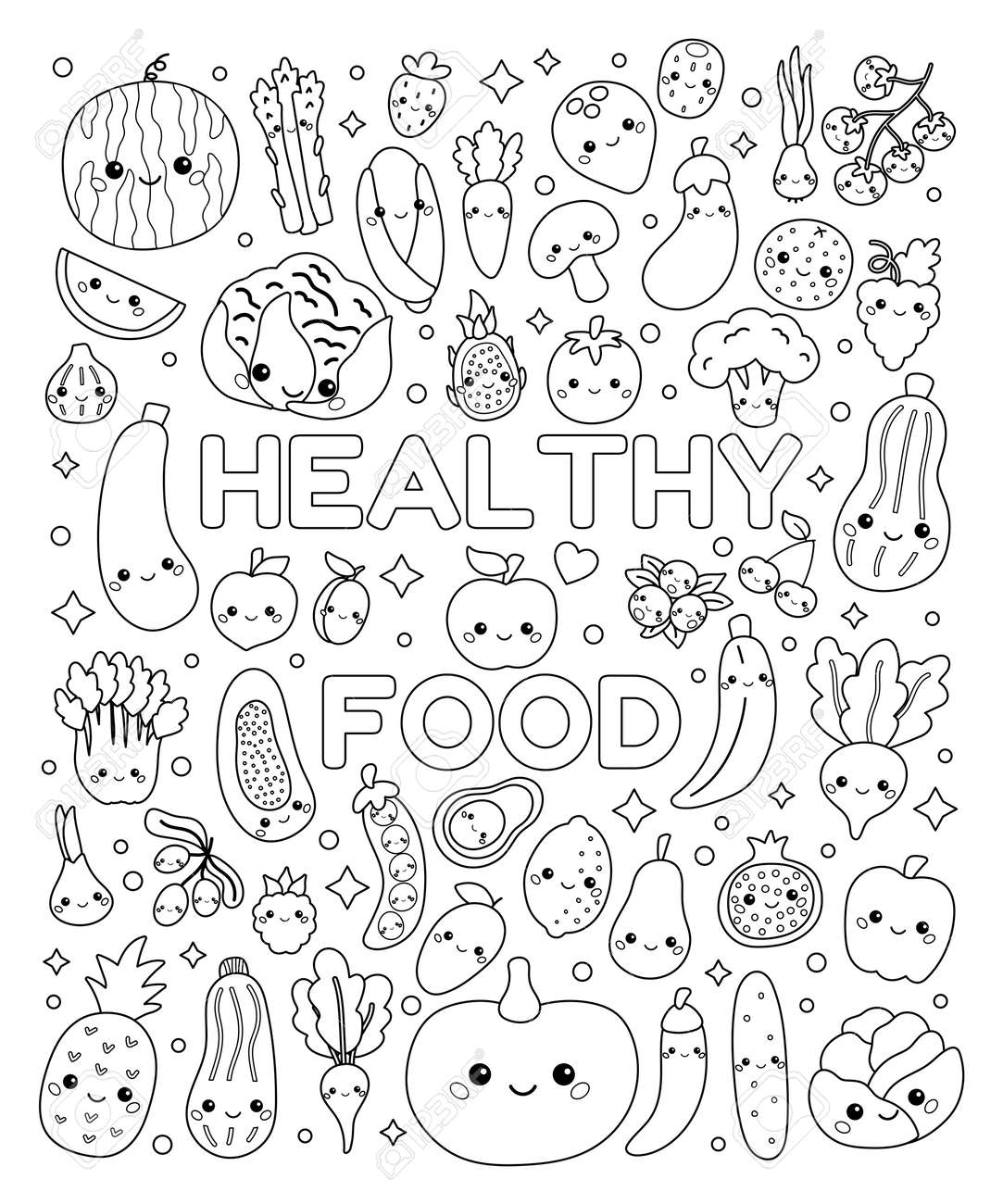 Doodle coloring page with cute vegetables and fruits set of healthy food with funny faces kawaii cartoon characters black and white outline vector illustration royalty free svg cliparts vectors and stock illustration