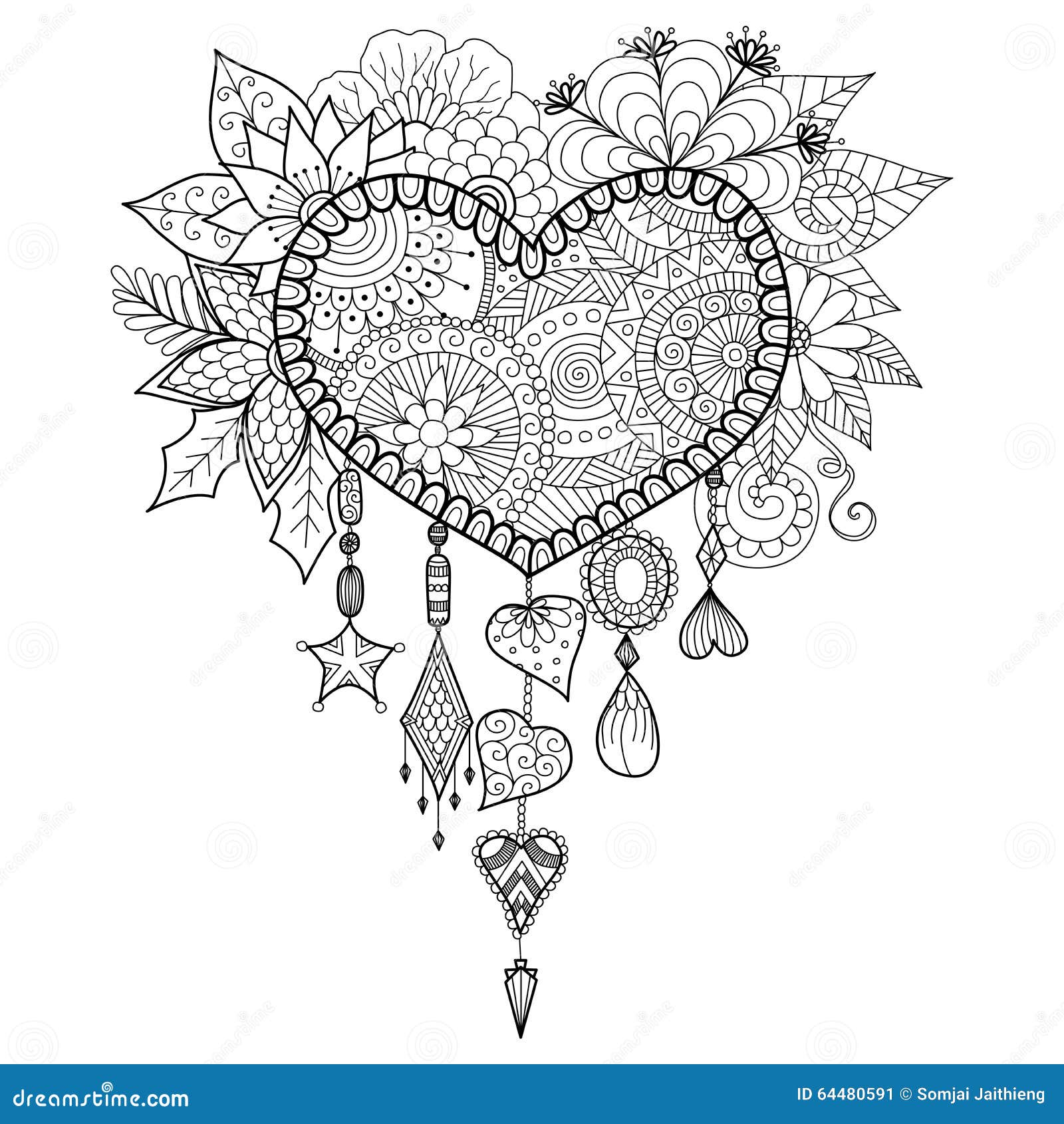 Heart shape floral dream catcher for coloring book for adult stock vector